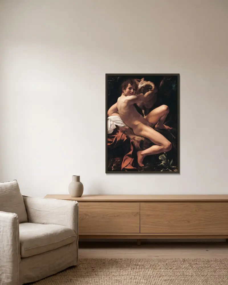 Johannes der Täufer, 1602 von Caravaggio gerahmt an einer Wand