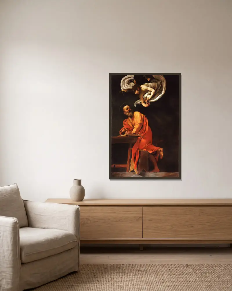 Saint Matthew and the angel av Caravaggio inramad på en vägg