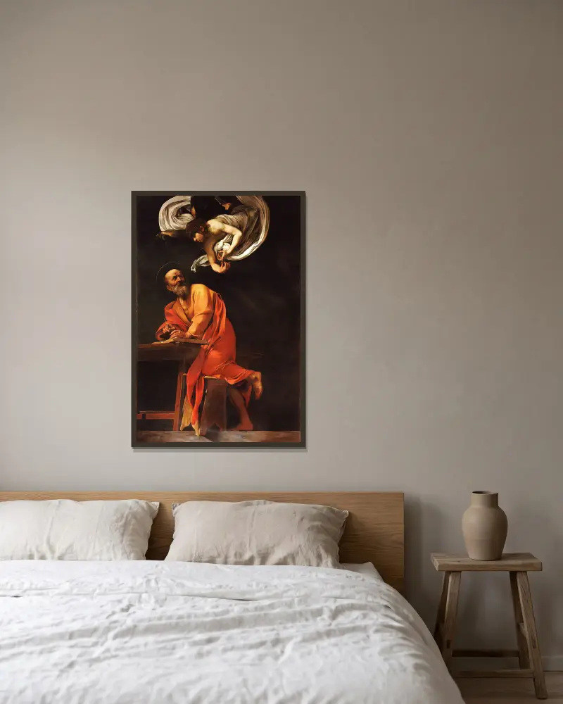 Saint Matthew and the angel av Caravaggio inramad på en vägg