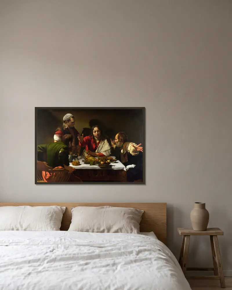 Das Abendmahl in Emmaus von Caravaggio gerahmt an einer Wand