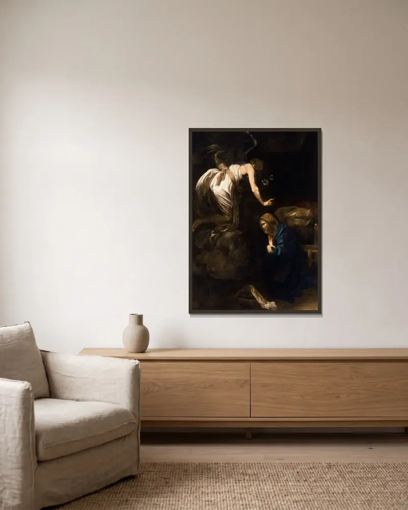 Die Verkündigung von Caravaggio gerahmt an einer Wand