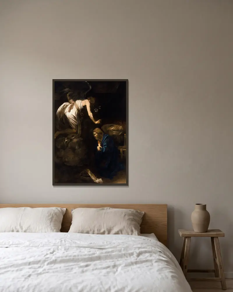 Die Verkündigung von Caravaggio gerahmt an einer Wand