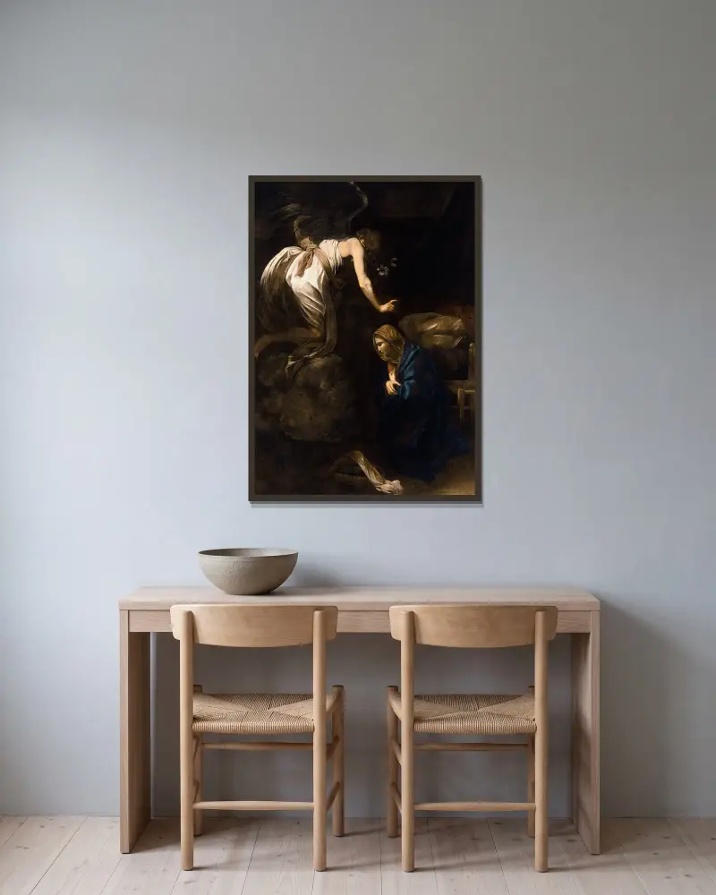 Die Verkündigung von Caravaggio gerahmt an einer Wand