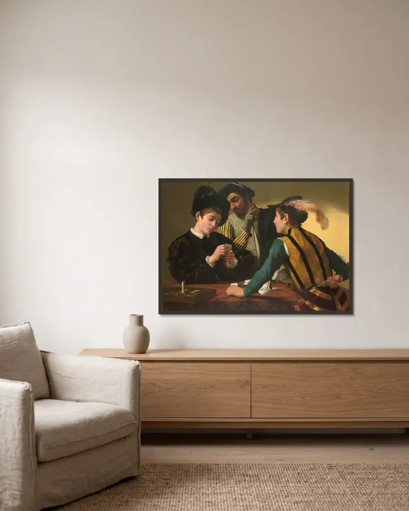 Die Falschspieler von Caravaggio gerahmt an einer Wand