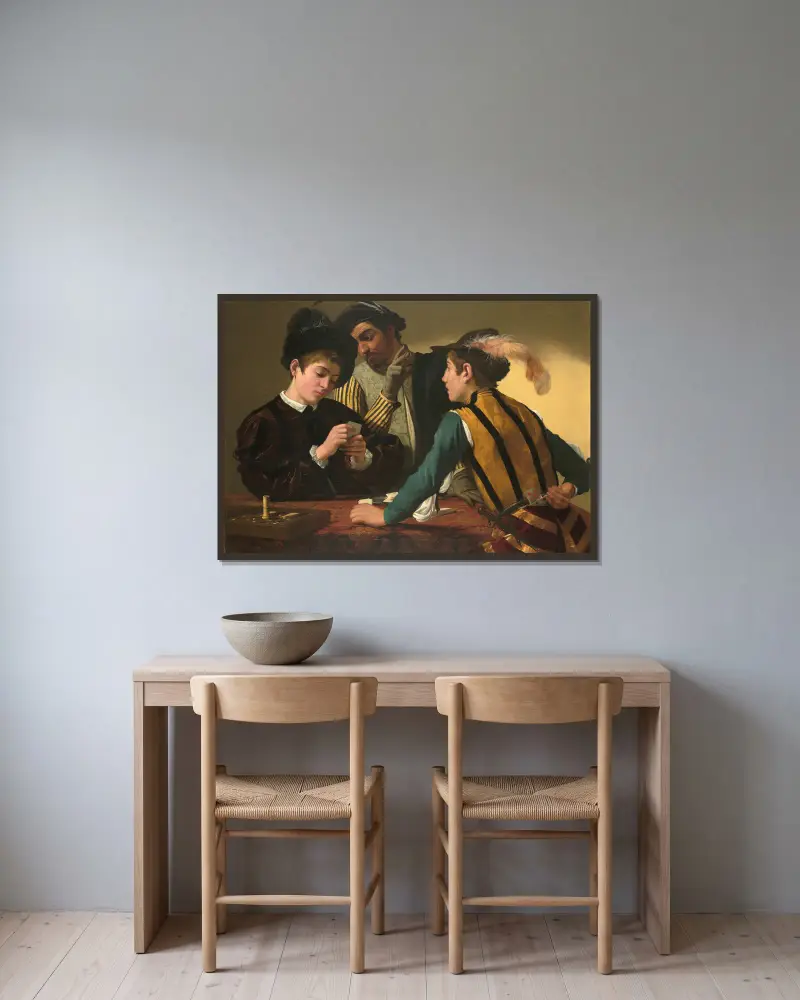 Die Falschspieler von Caravaggio gerahmt an einer Wand