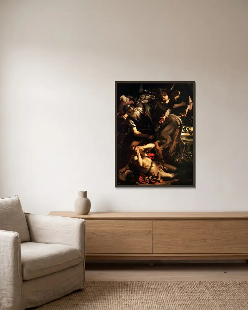 The Conversion of Saint Paul av Caravaggio inramad på en vägg