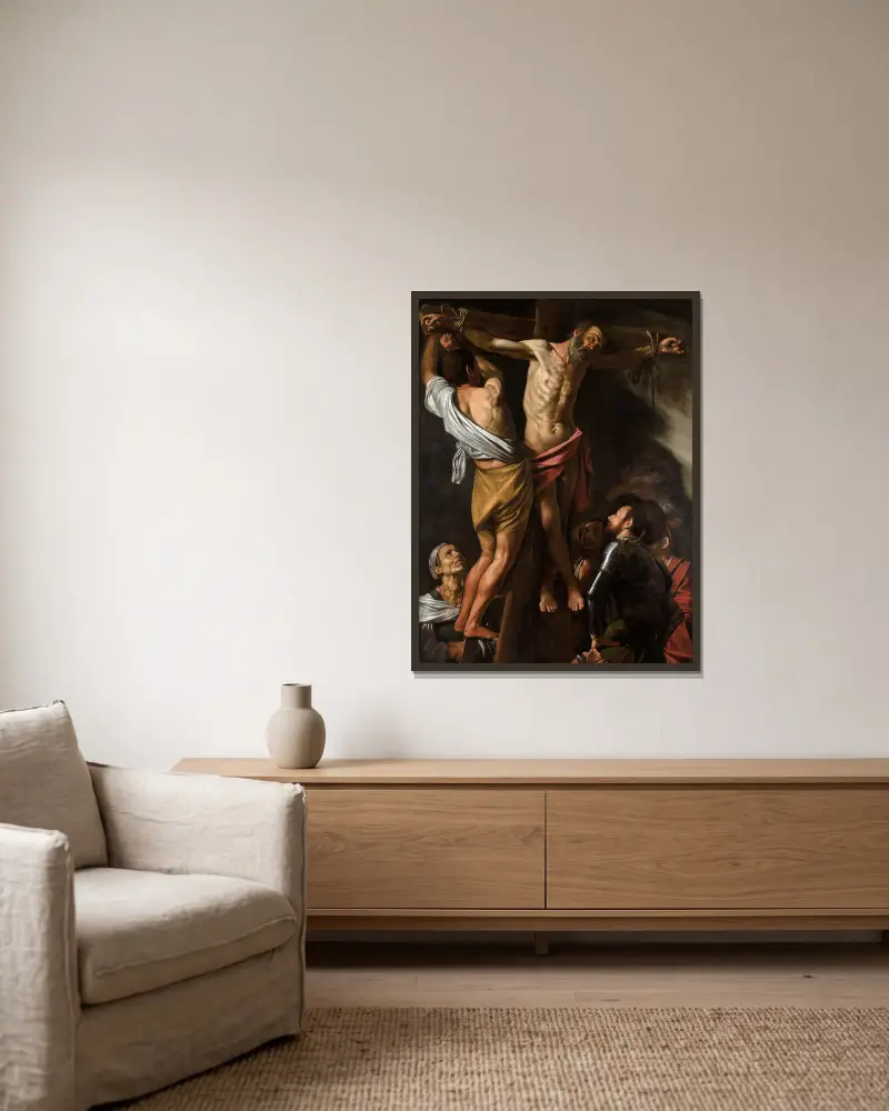The Crucifixion of Saint Andrew (1606–7) av Caravaggio inramad på en vägg