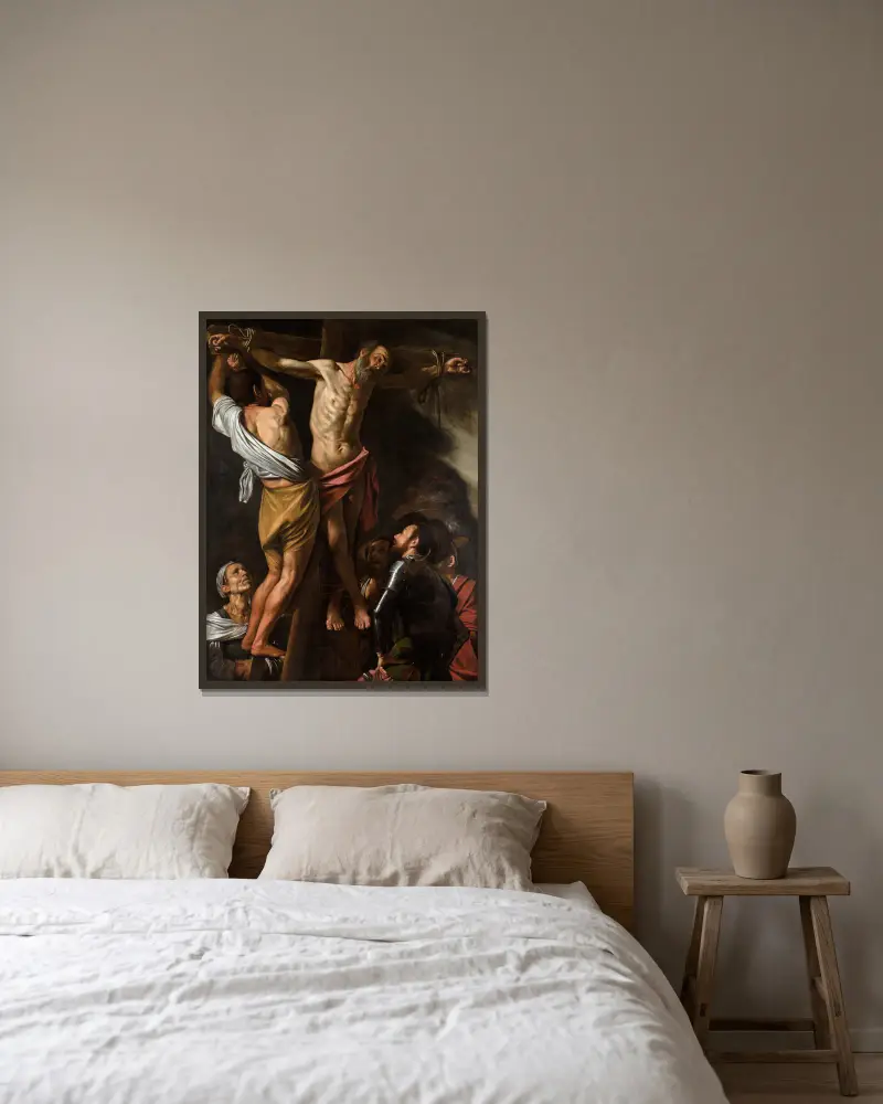 The Crucifixion of Saint Andrew (1606–7) av Caravaggio inramad på en vägg