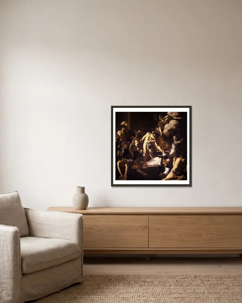 The Martyrdom of Saint Matthew av Caravaggio inramad på en vägg