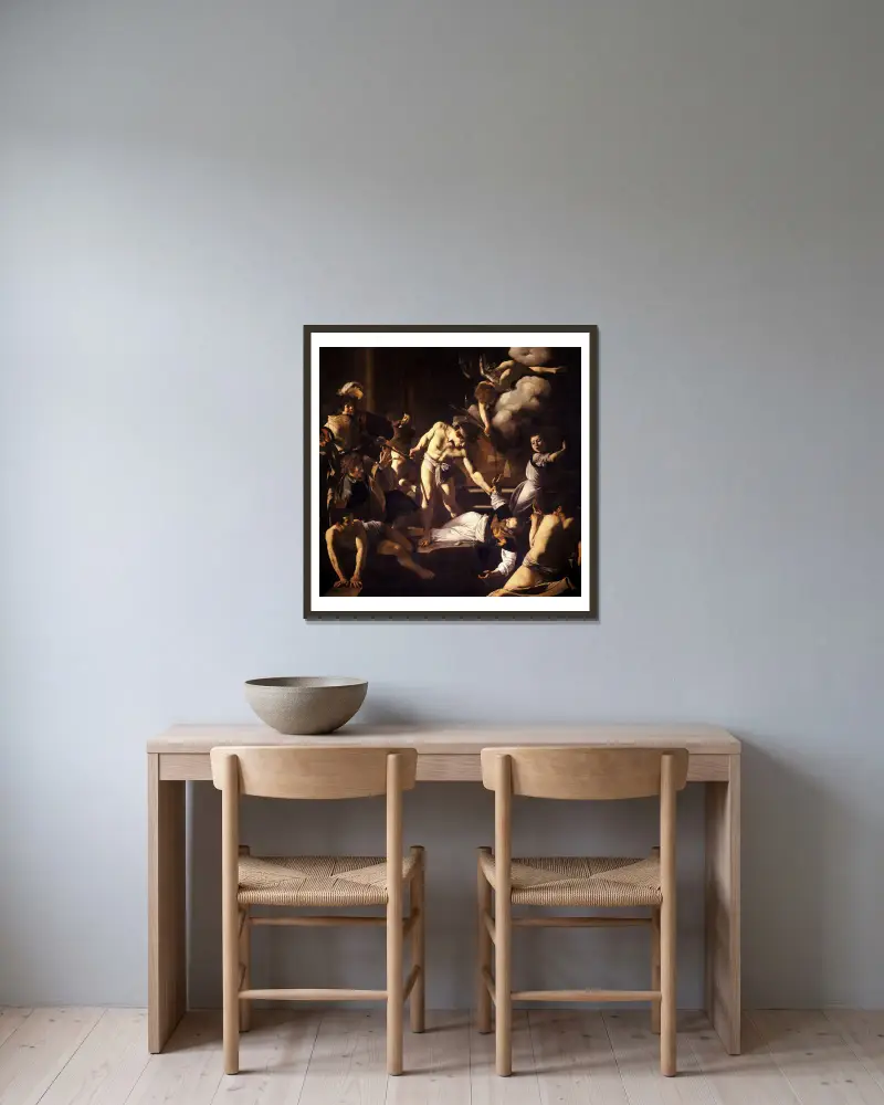 The Martyrdom of Saint Matthew av Caravaggio inramad på en vägg