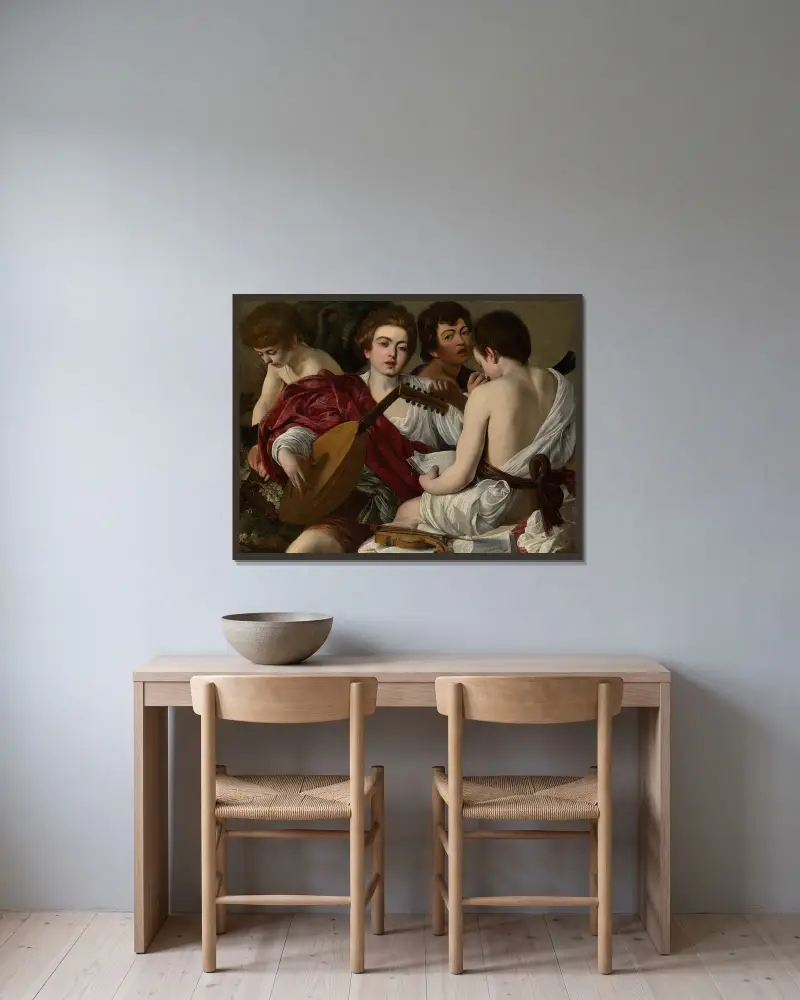 Hudebníci, Caravaggio v rámu na stěně