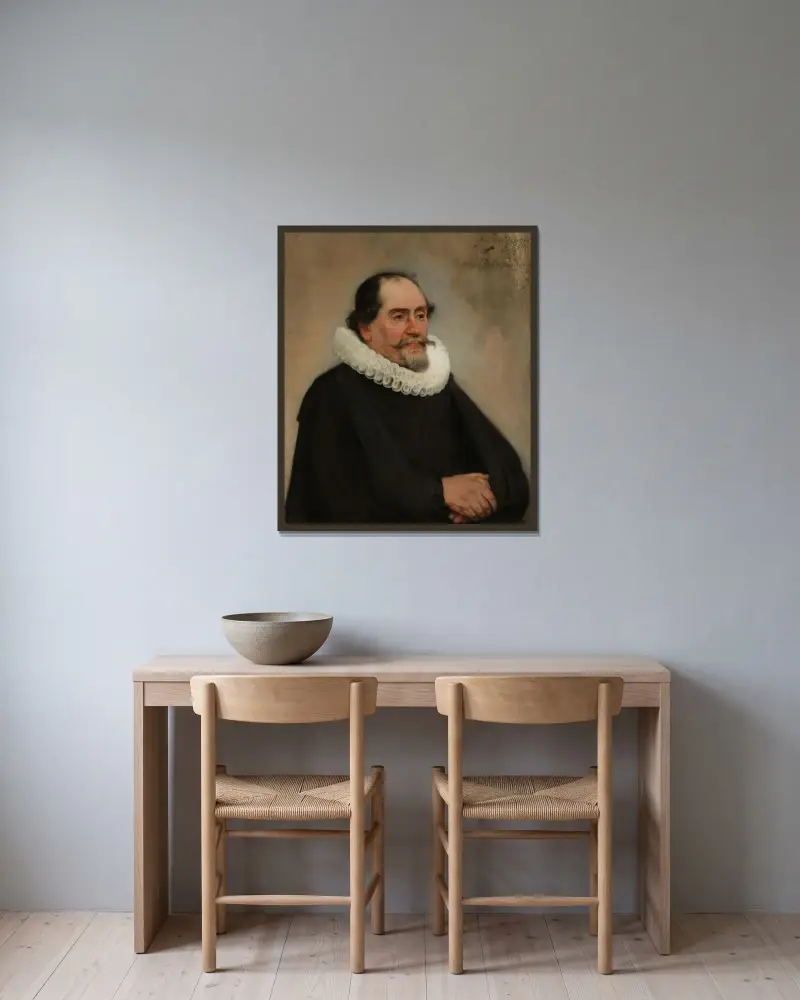 Portrait of Abraham de Potter, Amsterdam Silk Merchant av Carel Fabritius inramad på en vägg