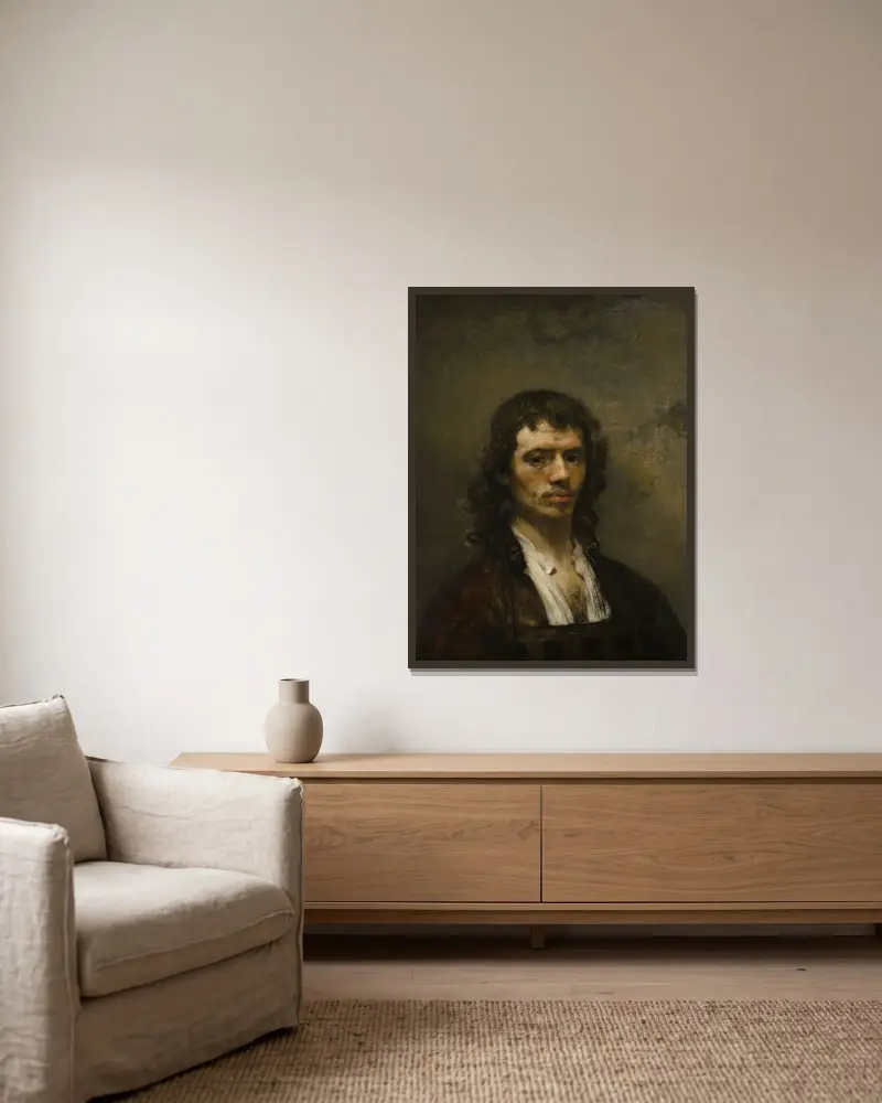 Självporträtt av Carel Fabritius inramad på en vägg