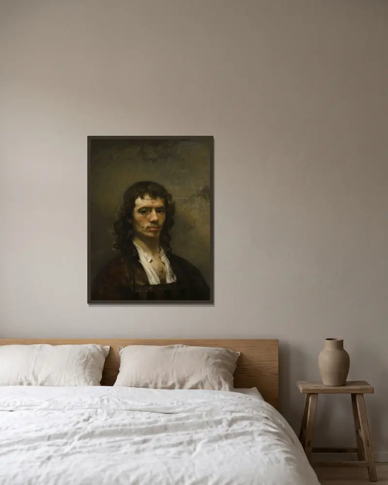 Självporträtt av Carel Fabritius inramad på en vägg