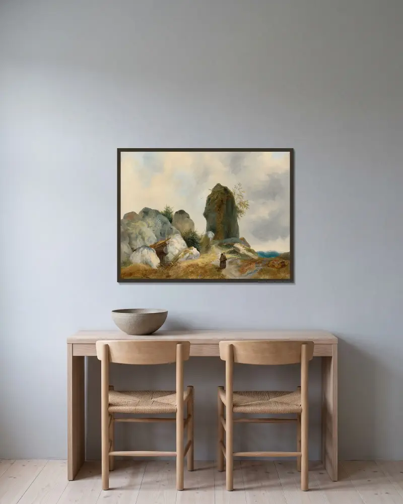 A Rocky Landscape with a Hermit av Carl Blechen inramad på en vägg