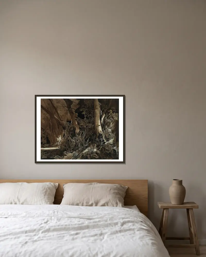 Waldlandschaft mit fließendem Wasser und zwei Jägern von Carl Blechen gerahmt an einer Wand