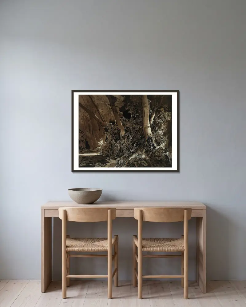 Waldlandschaft mit fließendem Wasser und zwei Jägern von Carl Blechen gerahmt an einer Wand