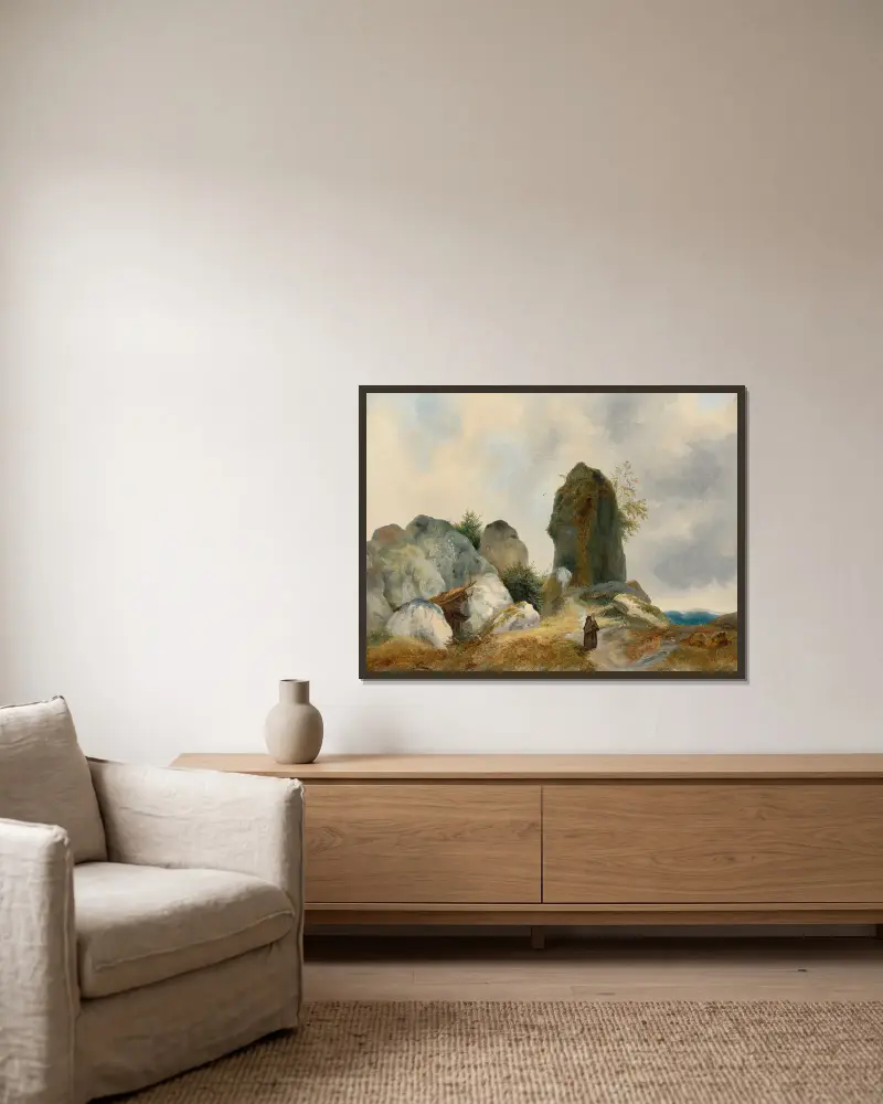 Eremit in felsiger Landschaft von Carl Blechen gerahmt an einer Wand