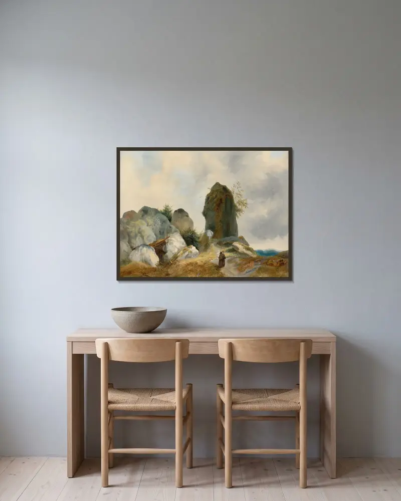 Eremit in felsiger Landschaft von Carl Blechen gerahmt an einer Wand