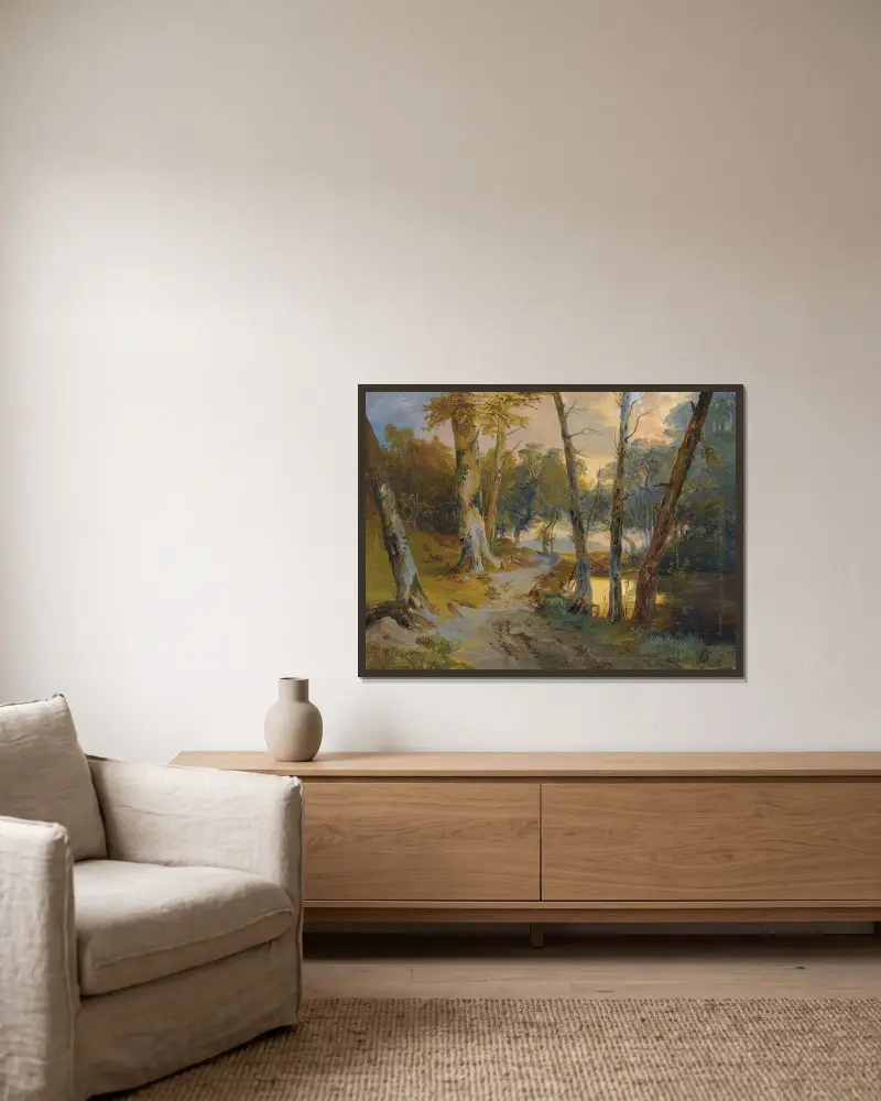 Wald mit kleinem Weiher von Carl Blechen gerahmt an einer Wand