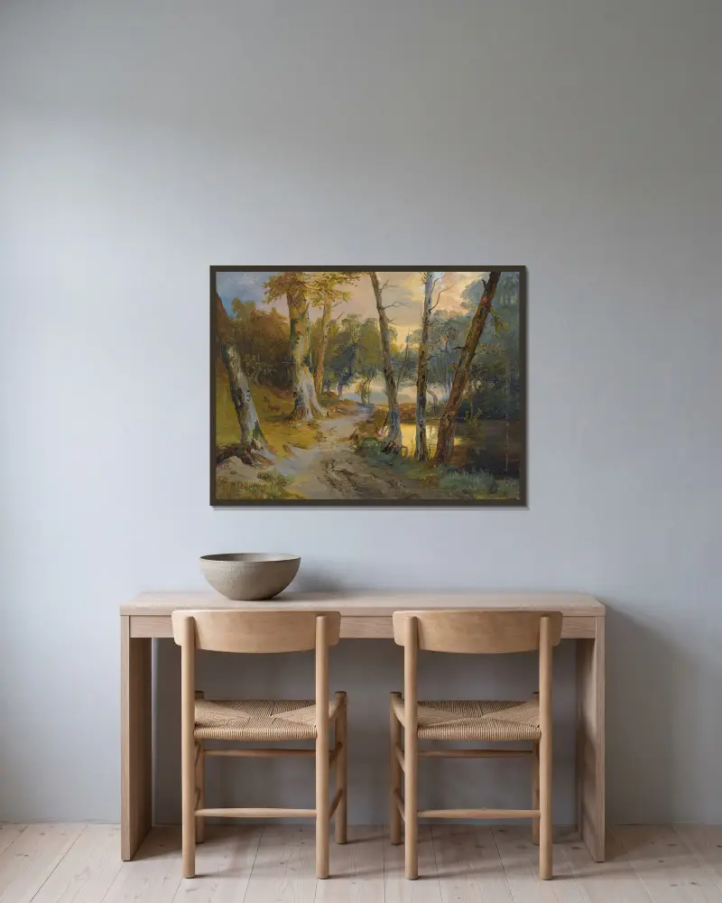 Wald mit kleinem Weiher von Carl Blechen gerahmt an einer Wand