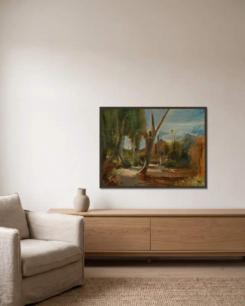 Waldlandschaft mit einer Fabrik von Carl Blechen gerahmt an einer Wand