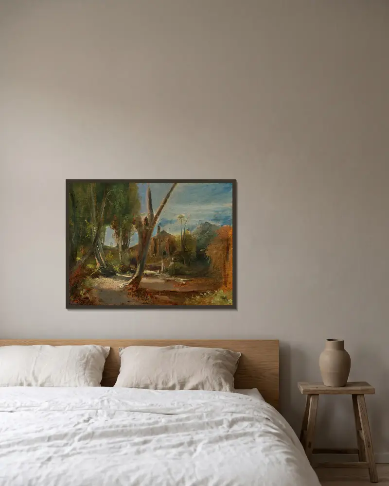 Waldlandschaft mit einer Fabrik von Carl Blechen gerahmt an einer Wand