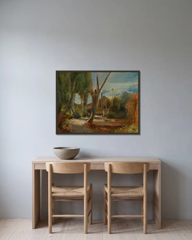 Waldlandschaft mit einer Fabrik von Carl Blechen gerahmt an einer Wand