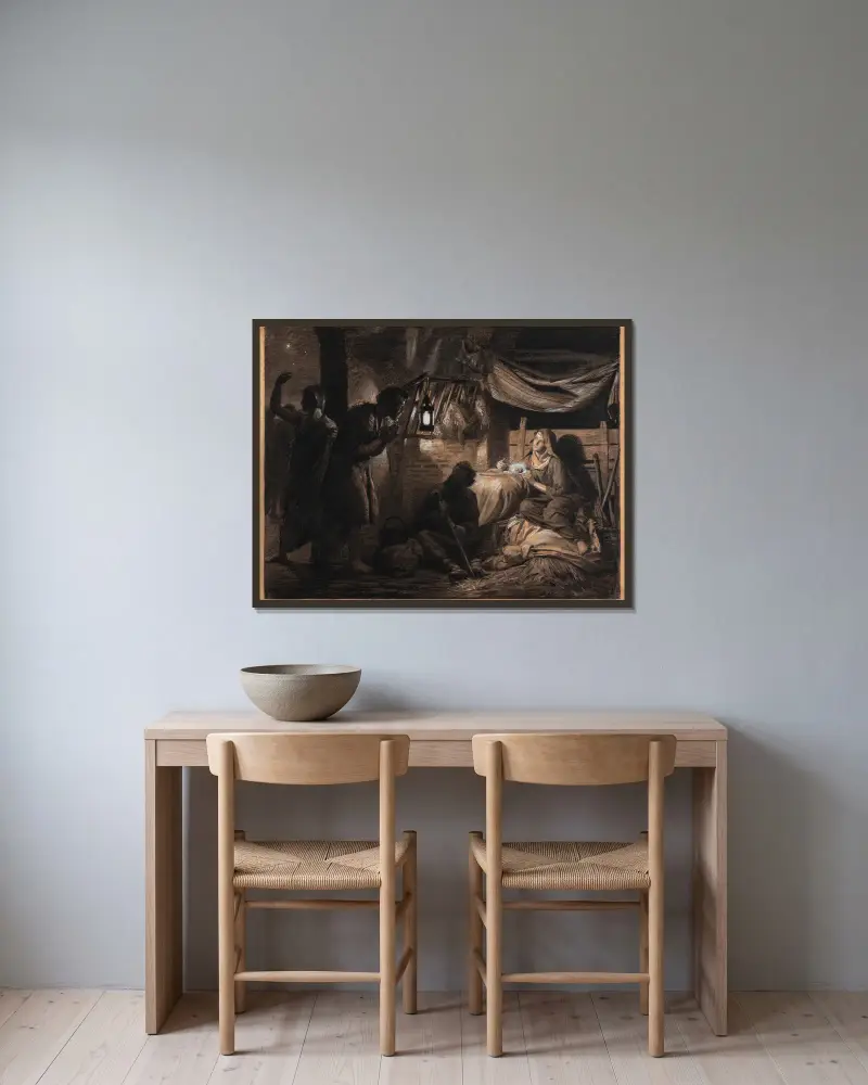 Adoration of the Shepherds – nr 1 av Carl Bloch inramad på en vägg