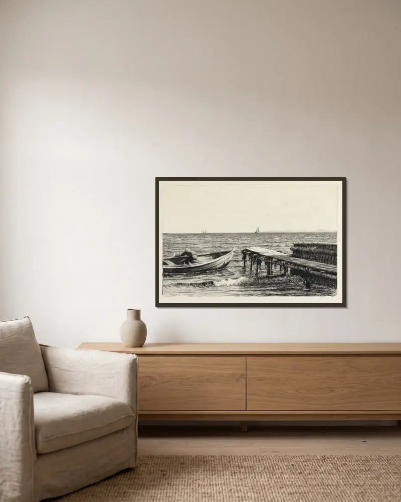 Boot am Steg von Carl Bloch gerahmt an einer Wand