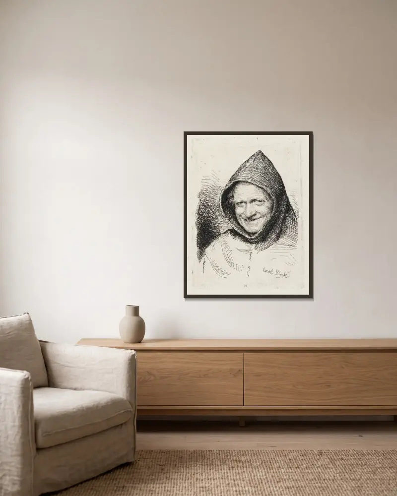 Lächelnder Mönch von Carl Bloch gerahmt an einer Wand