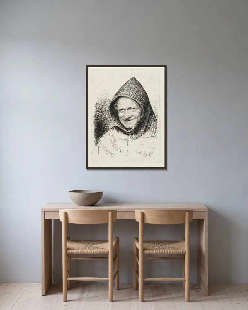 Lächelnder Mönch von Carl Bloch gerahmt an einer Wand
