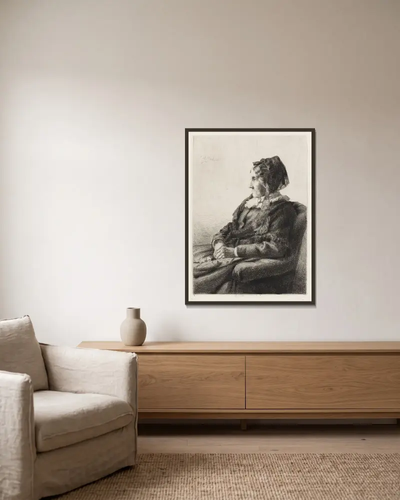 Porträt der Mutter des Künstlers, Frau Ida Emilie Ulrikke Henriette Bloch, geborene Weitzmann von Carl Bloch gerahmt an einer Wand