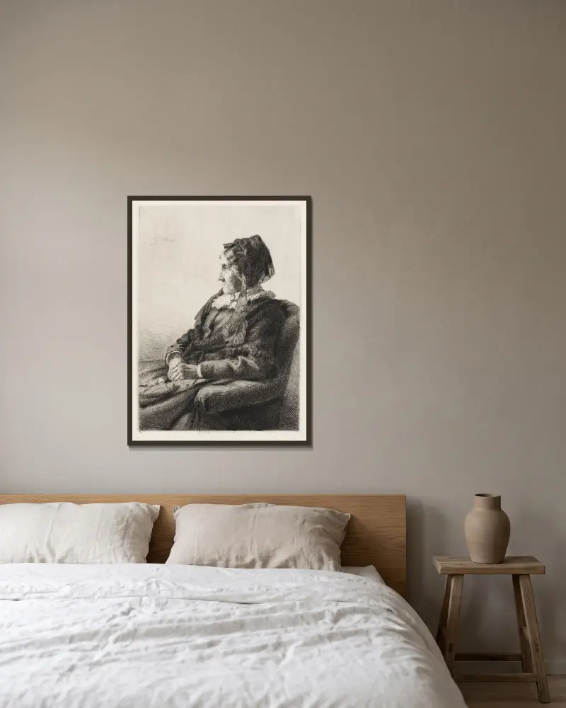Porträt der Mutter des Künstlers, Frau Ida Emilie Ulrikke Henriette Bloch, geborene Weitzmann von Carl Bloch gerahmt an einer Wand
