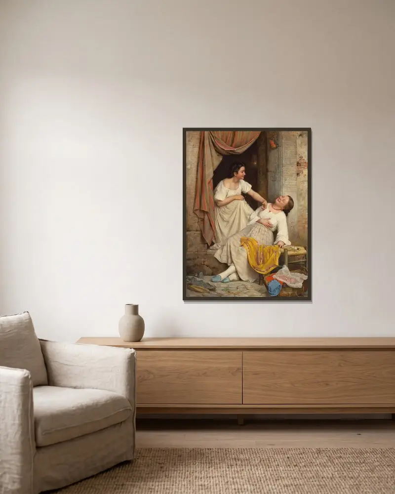 Zwei lächelnde Mädchen von Carl Bloch gerahmt an einer Wand