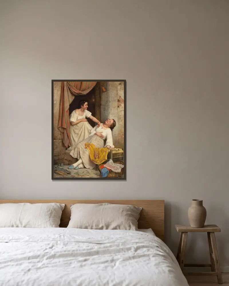 Zwei lächelnde Mädchen von Carl Bloch gerahmt an einer Wand