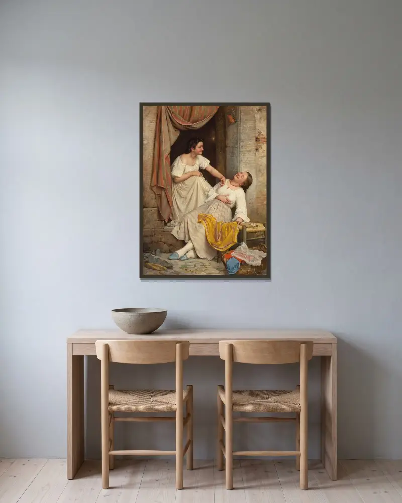 Zwei lächelnde Mädchen von Carl Bloch gerahmt an einer Wand