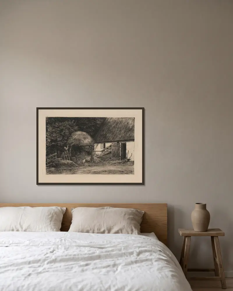 Ved bondehuset av Carl Bloch inramad på en vägg