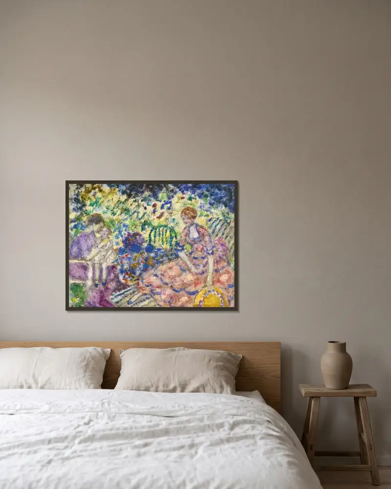 Frukost i trädgården av Frederick Carl Frieseke inramad på en vägg