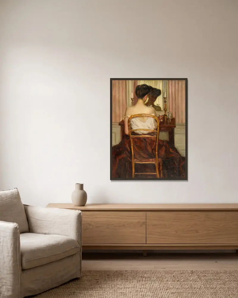 Před zrcadlem, Frederick Carl Frieseke v rámu na stěně