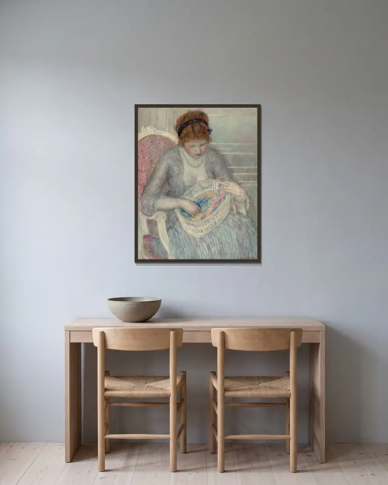 Flicka med korg med band av Frederick Carl Frieseke inramad på en vägg