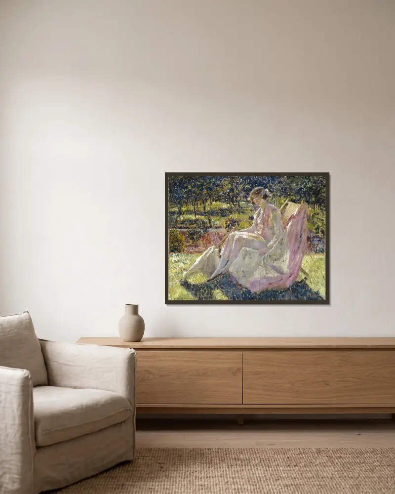 Solbad av Frederick Carl Frieseke inramad på en vägg