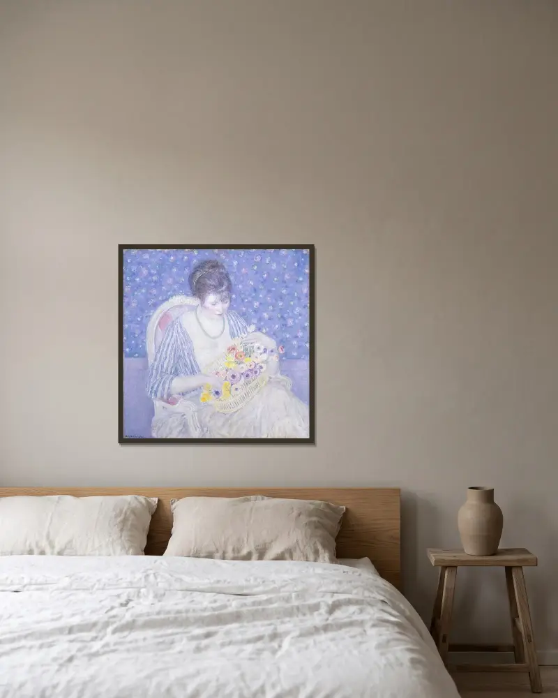 Blomsterkorgen av Frederick Carl Frieseke inramad på en vägg
