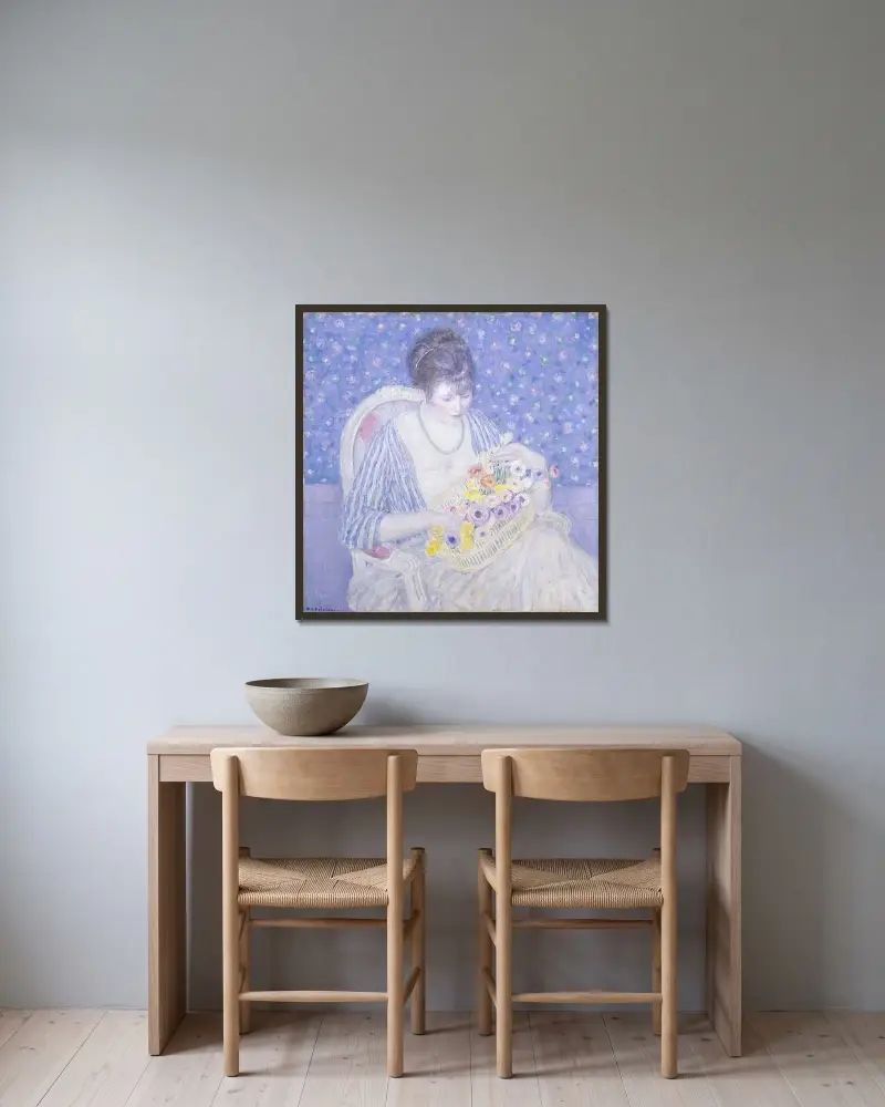 Blomsterkorgen av Frederick Carl Frieseke inramad på en vägg