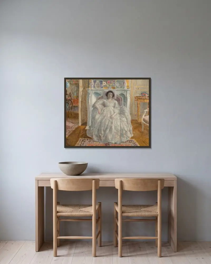 Den vita klänningen av Frederick Carl Frieseke inramad på en vägg