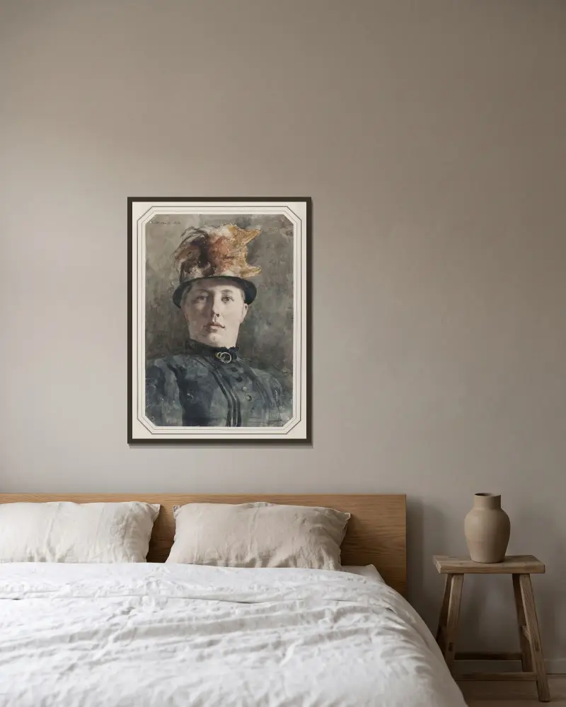Möjligen Wilhelmina (Mina) Carlson av Carl Hedelin inramad på en vägg