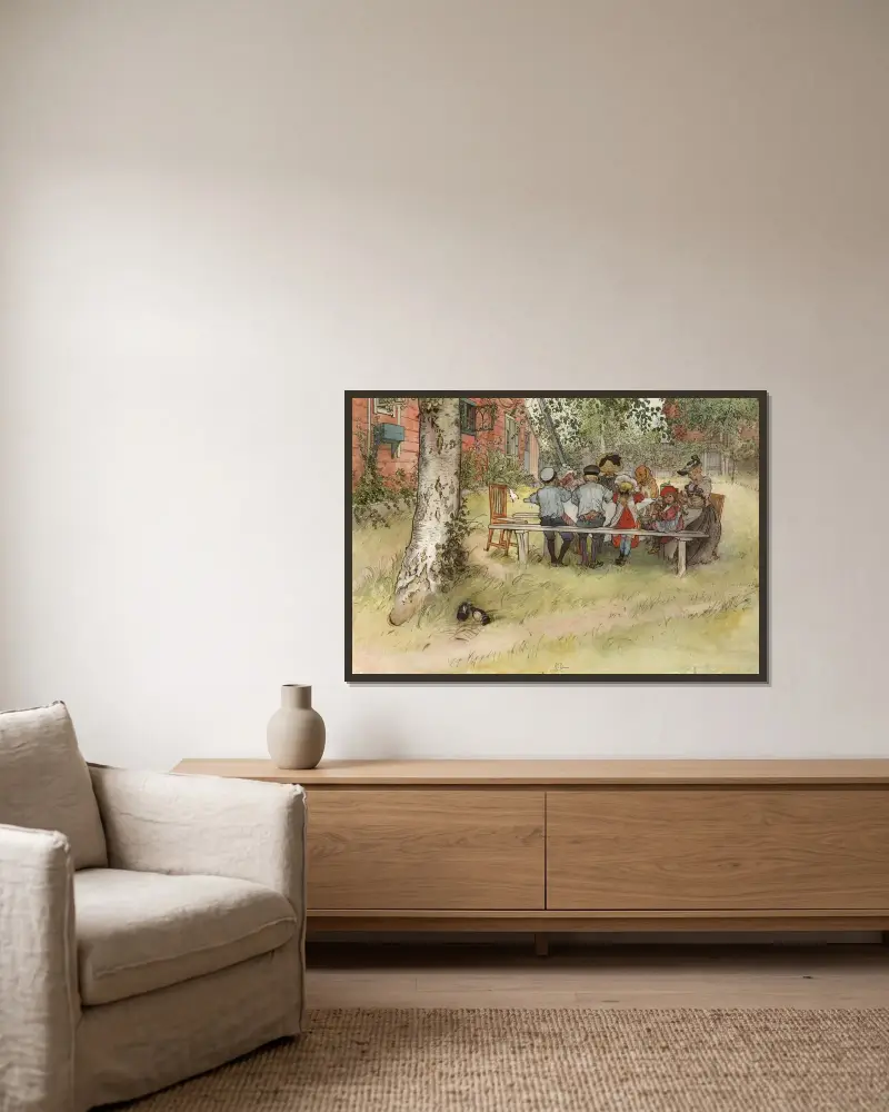 Frühstück unter der großen Birke von Carl Larsson gerahmt an einer Wand