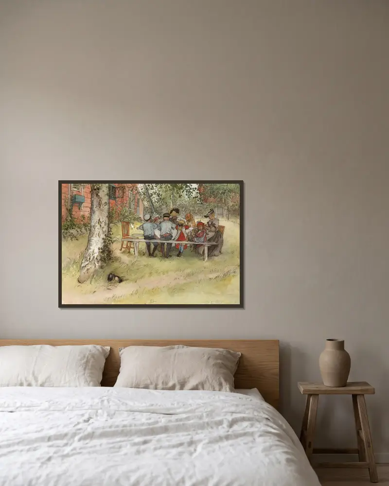 Frühstück unter der großen Birke von Carl Larsson gerahmt an einer Wand