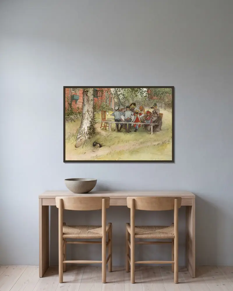 Frühstück unter der großen Birke von Carl Larsson gerahmt an einer Wand