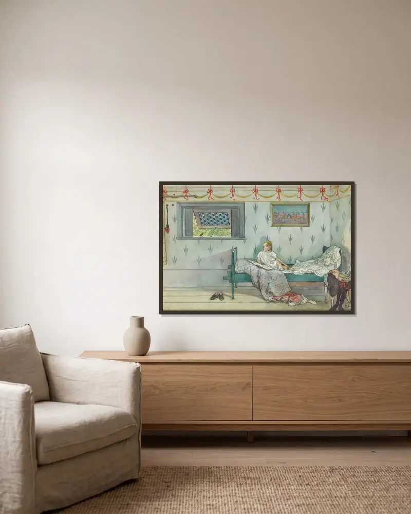 Kuckeliku! Klockan är sju av Carl Larsson inramad på en vägg